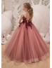 Maroon Lace Applique Tulle Corset V Back Floor Length Flower Girl Dress